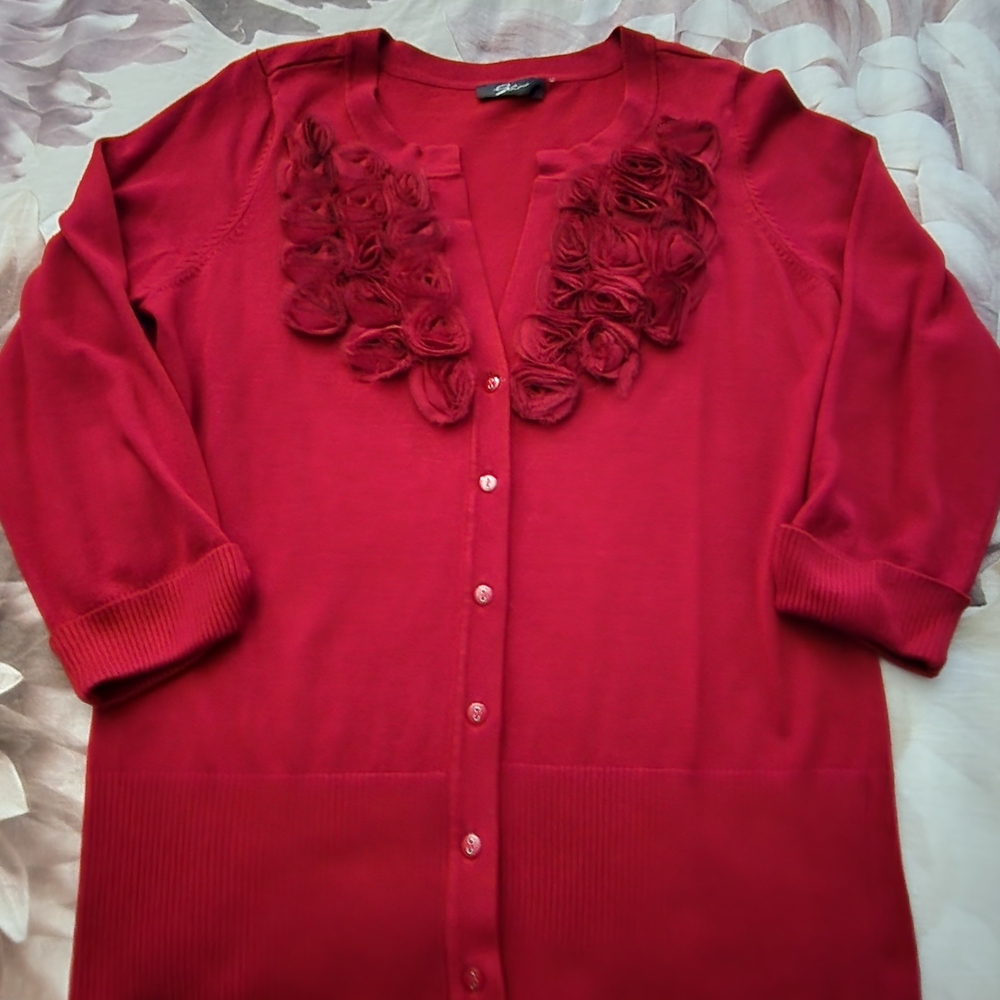 Chic Red Button Down Cardigan with Floral Details
